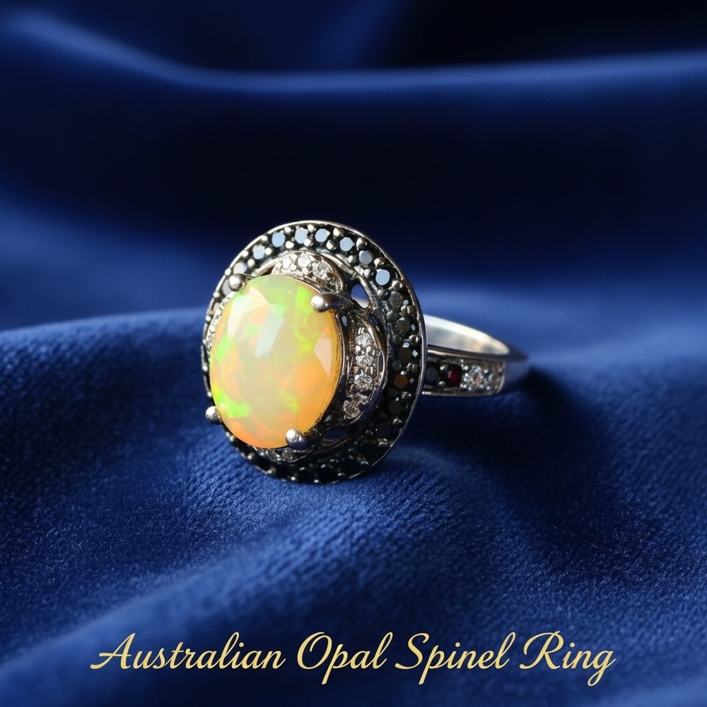 Australian Opal Spinel Ring - Multicolor Opal with Black Spinel Halo - Picture 3 of 5